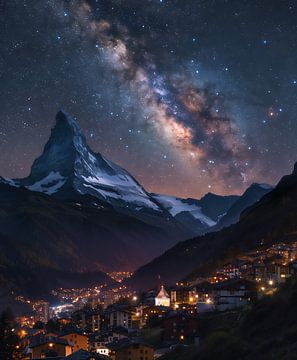 Nacht boven de Zwitserse Alpen van fernlichtsicht