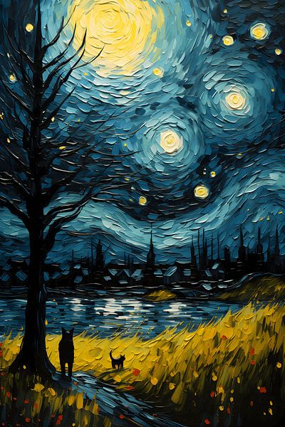 Nuit étoilée avec chat par NJ Midnight Studio