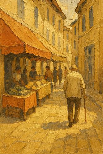 Marktdag in een zonnig dorp (zomers, schilderij, dikke verf, zomers, vakantiegevoel, vrolijk, sfeer, aardetinten, mensen, Italie, Mediterrane)