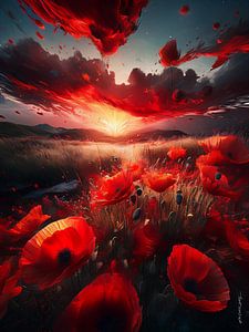 Ciel flamboyant au-dessus d'un champ de coquelicots