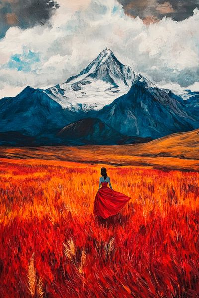 Woman in a red dress in front of mountains by Poster Art Shop