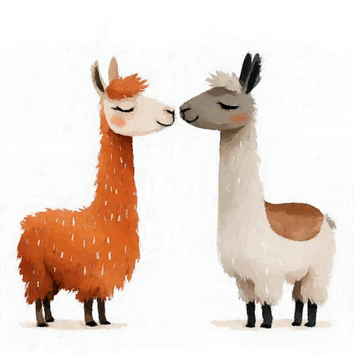 Two fluffy, cute llamas's against a white background.