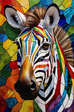 Portrait de tête de zèbre en vitrail coloré sur De Muurdecoratie