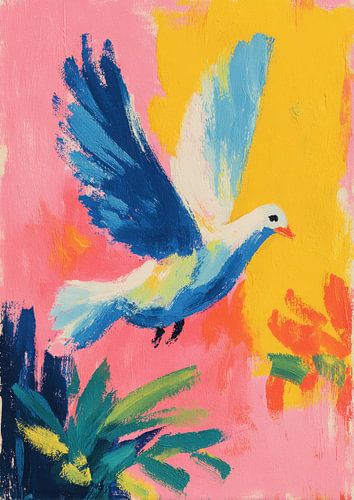 Pigeon in flight in front of a pink sky