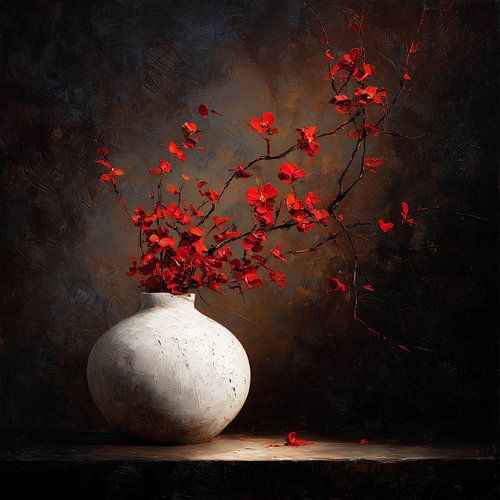 Vase blanc orné de branches fleuries rouges