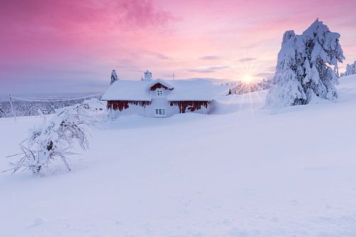 Sunset in Snwobound Norwegian Village