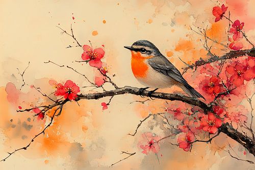 schilderachtige japanse kunst vogel in boom