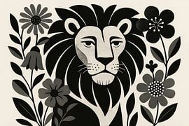 Monochrome lion among flowers by Art & Soul Creations