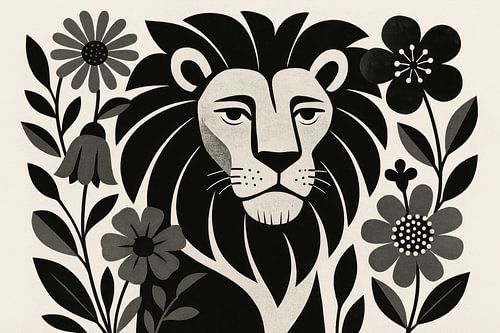 Lion monochrome parmi les fleurs