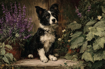 Border Collie im Garten zwischen Blumen
