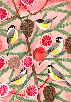 Winter birds Tits in the pine tree at Christmas by Caroline Bonne Müller