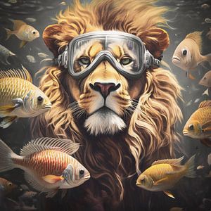 Löwe mit Taucherbrille im Meer