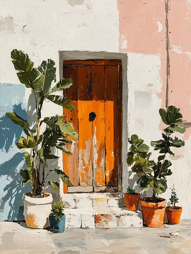 Old wooden door with potted plants
