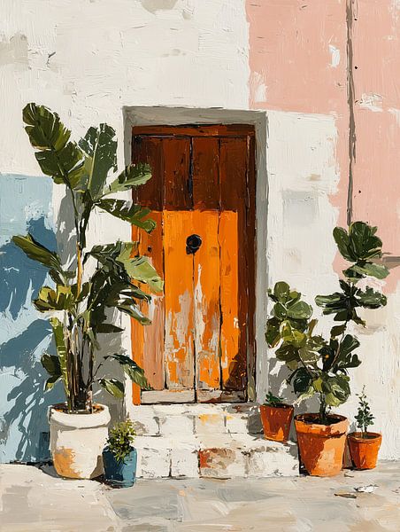 Vieille porte en bois avec plantes en pot par Lina van Oers