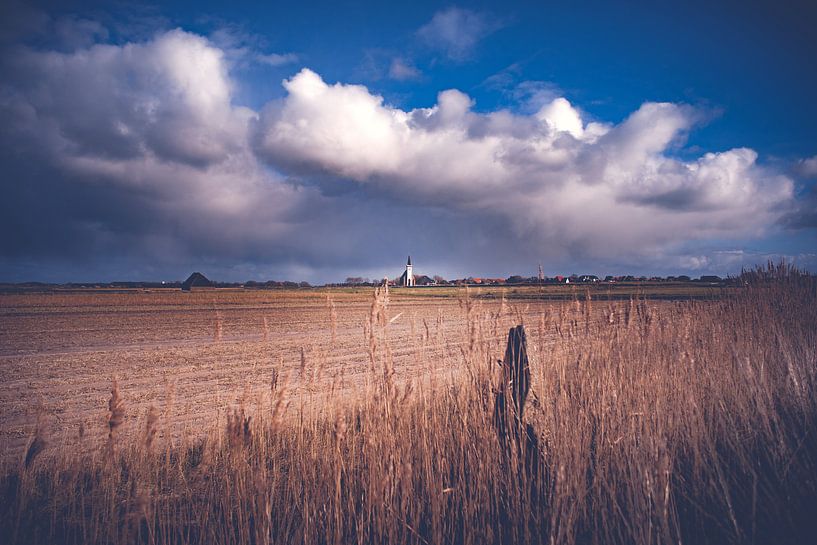 Typical white church in landscape at the island, Texel, Holland by Fotografiecor .nl