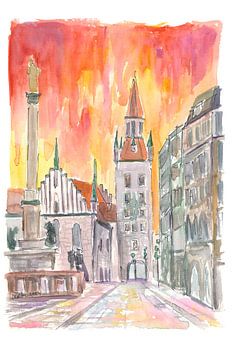 Münchner Marienplatz mit altem Rathaus und gelb-orangem Himmel