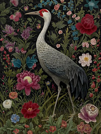 Elegante kraanvogel in een bloementuin van IamHomeStudio