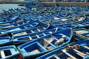 Blaue Fischerboote im Hafen von Essaouira in Marokko