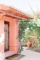 Colorful pink house in Portugal with botanical arch | Pastel travel photography Europe art print