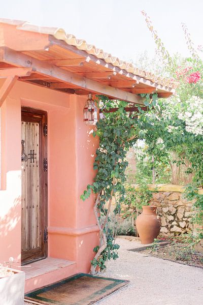 Colorful pink house in Portugal with botanical arch | Pastel travel photography Europe art print by Milou van Ham