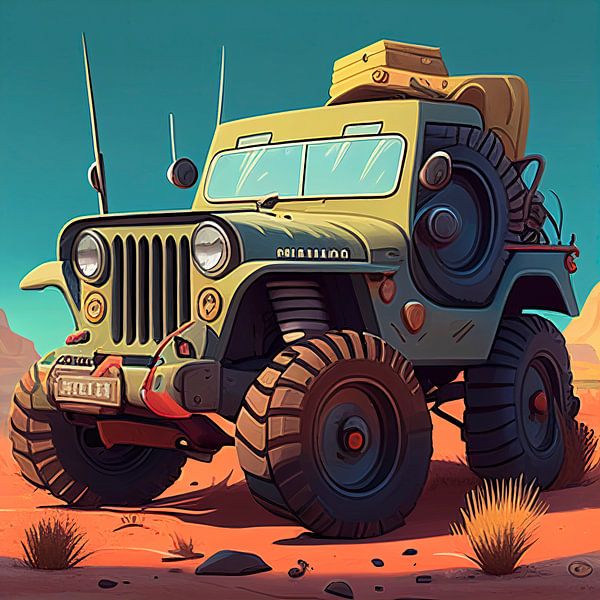 Groene jeep in cartoon stijl van Harvey Hicks