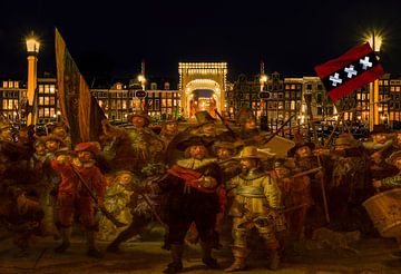 Nachtwacht van Rembrandt van Rijn bij de Magere brug van Digital Art Studio