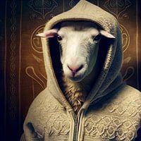 Portrait of sheep in wool jumper