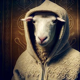 Portrait of sheep in wool jumper