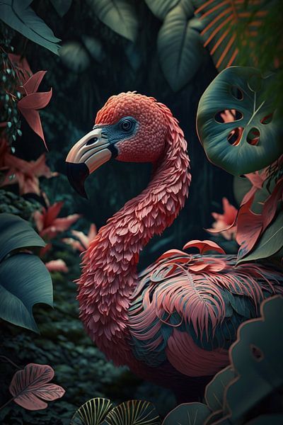 Fleurs de flamants roses, feuilles de la jungle et belles couleurs par Digitale Schilderijen