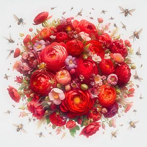 Roter Blumenstrauß mit Insekten
