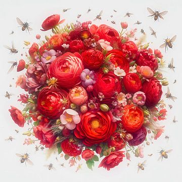 Red bouquet of flowers with insects