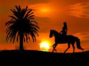 Frau mit Pferd bei Sonnenuntergang und Palme (Pferd im Sonnenuntergang) von Cor Heijnen Miniaturansicht