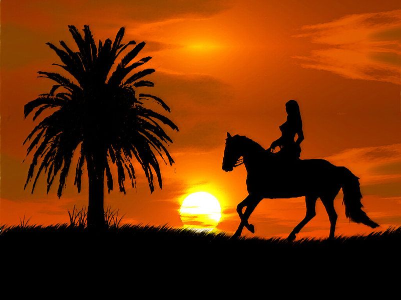 Frau mit Pferd bei Sonnenuntergang und Palme (Pferd im Sonnenuntergang) von Cor Heijnen