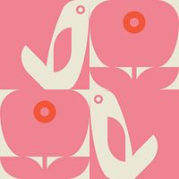 Scandinavisch retro. Vogels en bladeren in gebroken wit en roze