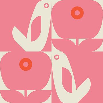 Scandinavian retro. Birds and leaves in off white and pink by Dina Dankers