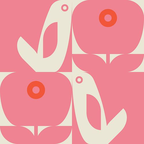Scandinavisch retro. Vogels en bladeren in gebroken wit en roze