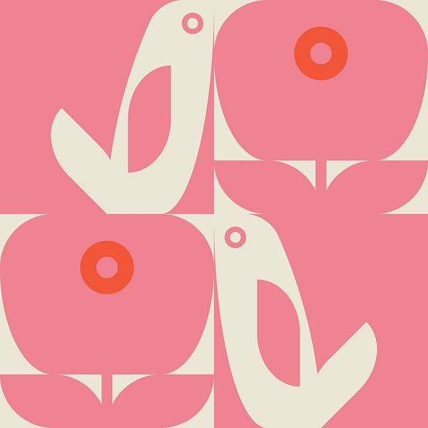 Skandinavisches Retro. Vögel und Blätter in gebrochenem Weiß und Rosa von Dina Dankers