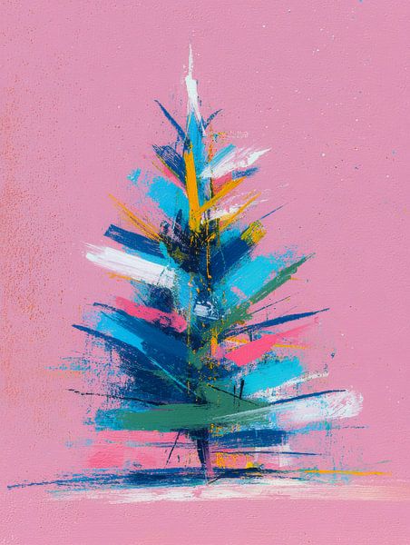 Abstrakter Weihnachtsbaum in hellen Farben auf rosa Hintergrund von But First Framing