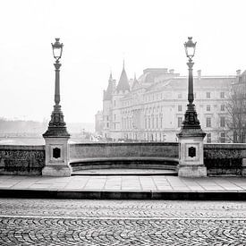 Brug over de Seine met lantaarns in Parijs in zwart-wit van Angeline Dobber