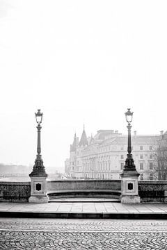 Brug over de Seine met lantaarns in Parijs in zwart-wit van Angeline Dobber