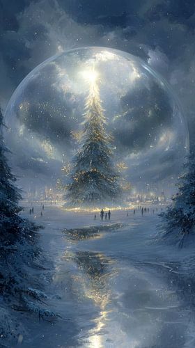 Christmas tree under Heavenly Glow Magical Winter Landscape by Eva Lee