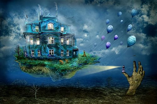 Das Haus auf der Insel schwebt davon mit Luftballons