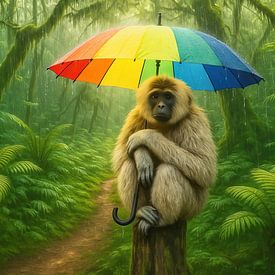 Aap in het regenwoud met een kleurrijke paraplu van Martina Fornal