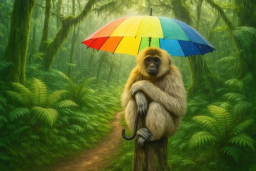 Aap in het regenwoud met een kleurrijke paraplu