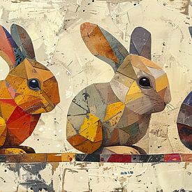 Kaninchen Gemälde | Vier geometrische Kaninchen von Moderne Kollektion