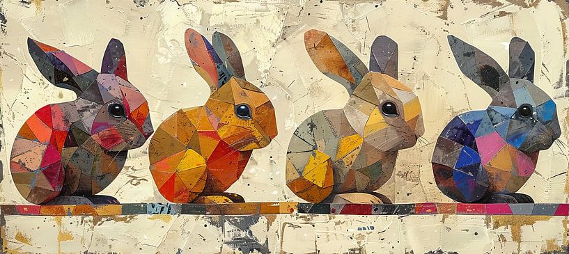 Rabbits Painting | Four Geometric Rabbits by Modern Collection