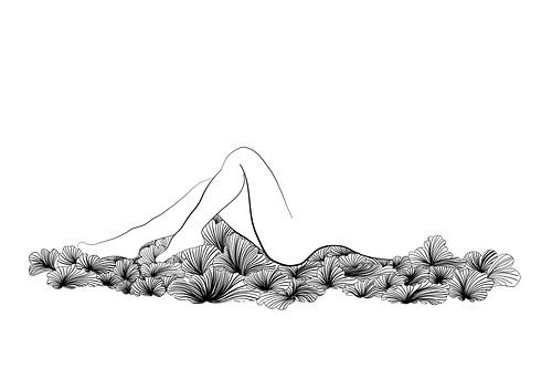 Poster Nuages - Nu - Illustration au trait fin - Noir et blanc