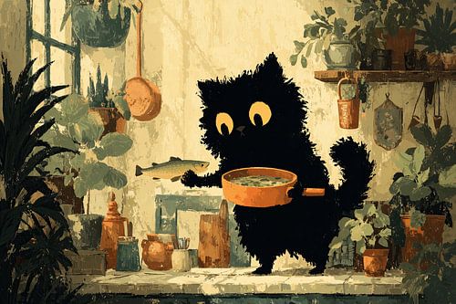 Een zwarte kat kookt vissoep