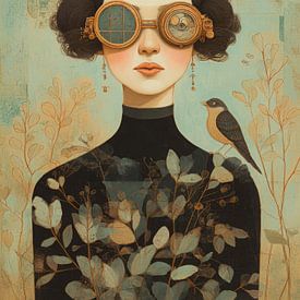 Steampunk portret van vrouw met bril en vogel in dromerig botanisch decor van But First Framing