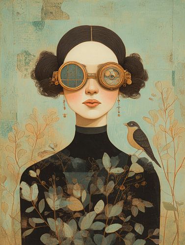 Portrait steampunk d'une femme avec des lunettes et un oiseau dans un décor botanique de rêve